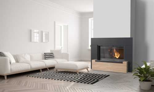 Bright minimalist living room with sofa and dining table, scandinavian white interior design